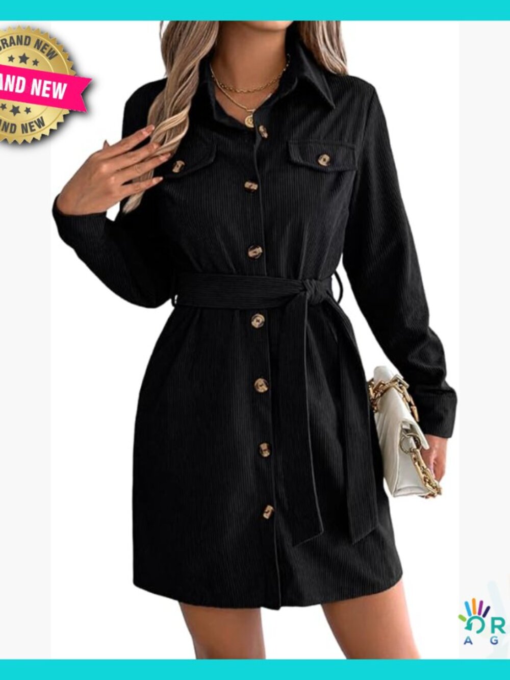 Corduroy Shirt Dress Business Casual Button Down Belted Waist Winter Chic